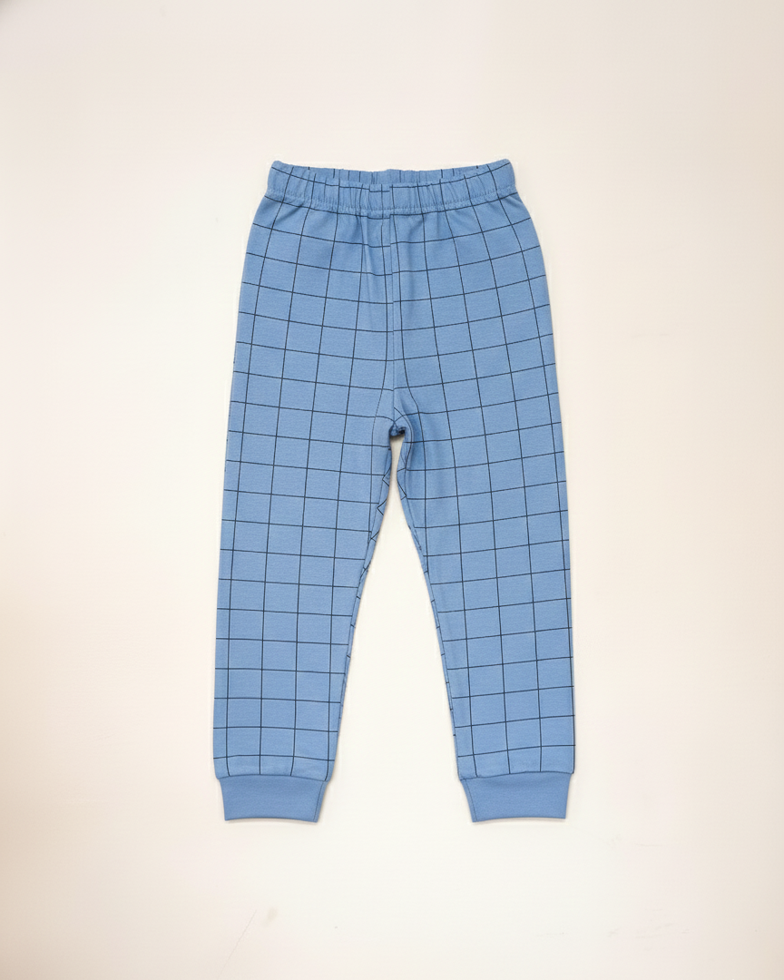 Blue checkered pants on a beige background