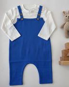 Blue overalls with white shirt, wooden blocks, and toy rabbit on a light background