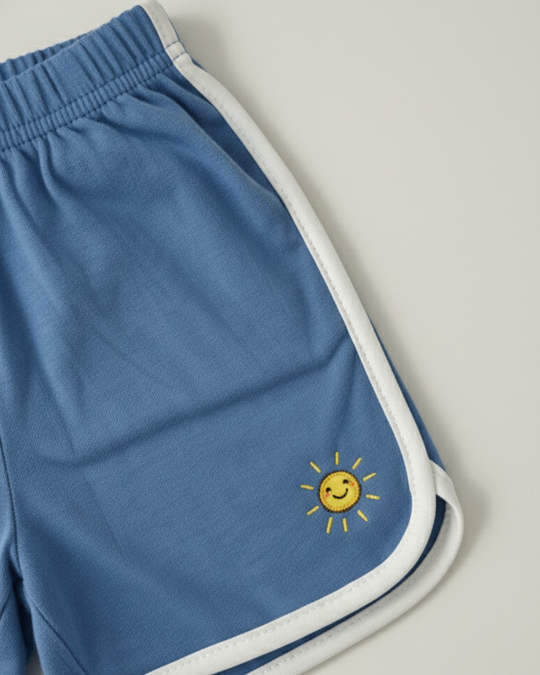 Blue shorts with a yellow sun design on a light gray background