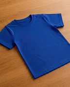 Blue t-shirt with round neck and half sleeve on a beige background