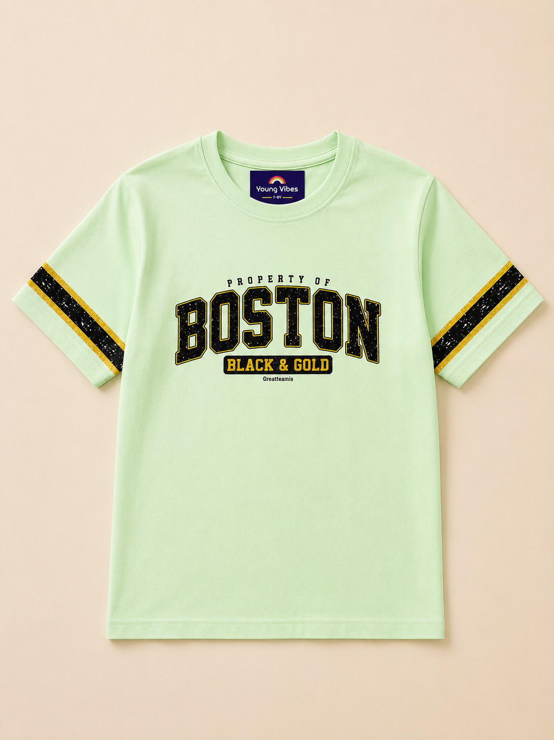  Pastel Green kids T-shirt with Boston print design placed in the light beige background 