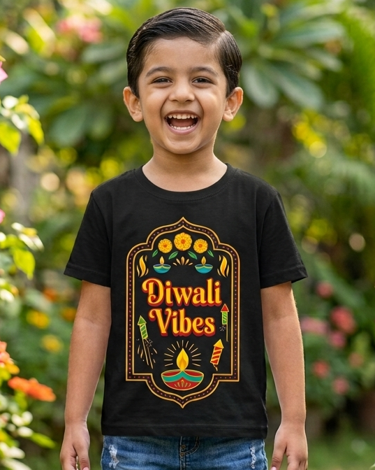 Boy wearing Diwali Vibes print on Black Kids T-shirt 