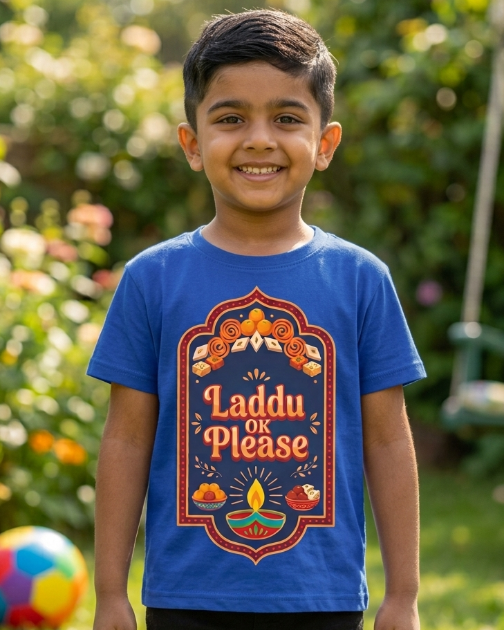Boy wearing a Royal Blue Kids T-shirt Laddu Please