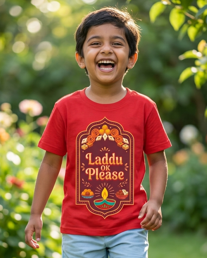 Boy wearing a Red Kids T-shirt Laddu Please 