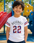 Boy wearing Baseball Junior league White T-shirt iwith double line in sleeve