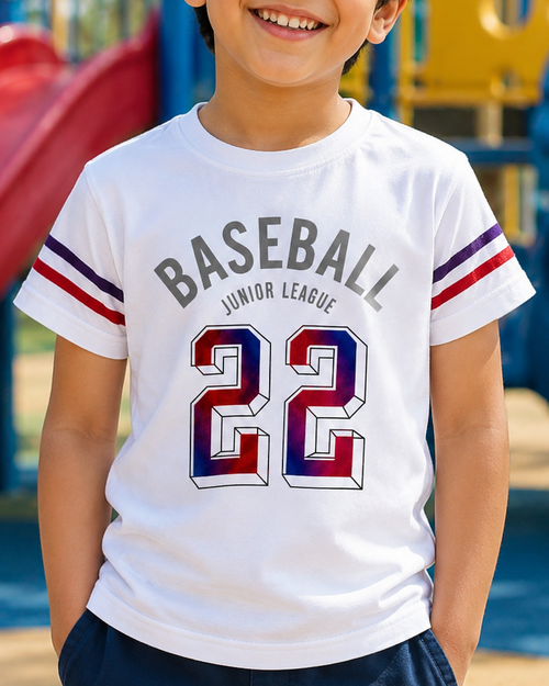 Boy wearing Baseball Junior league White T-shirt with double line in sleeve closeup view