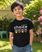 Boy wearing a black t-shirt with Choice print details with gaming symbol