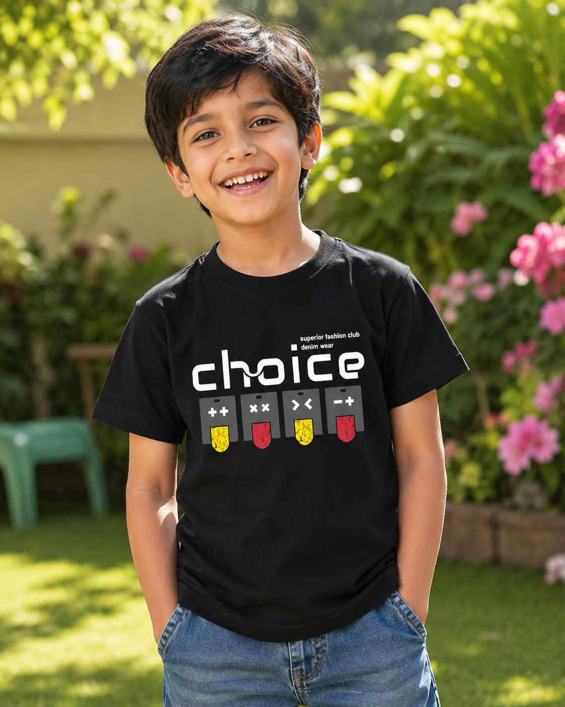 Boy wearing a black t-shirt with Choice print details with gaming symbol