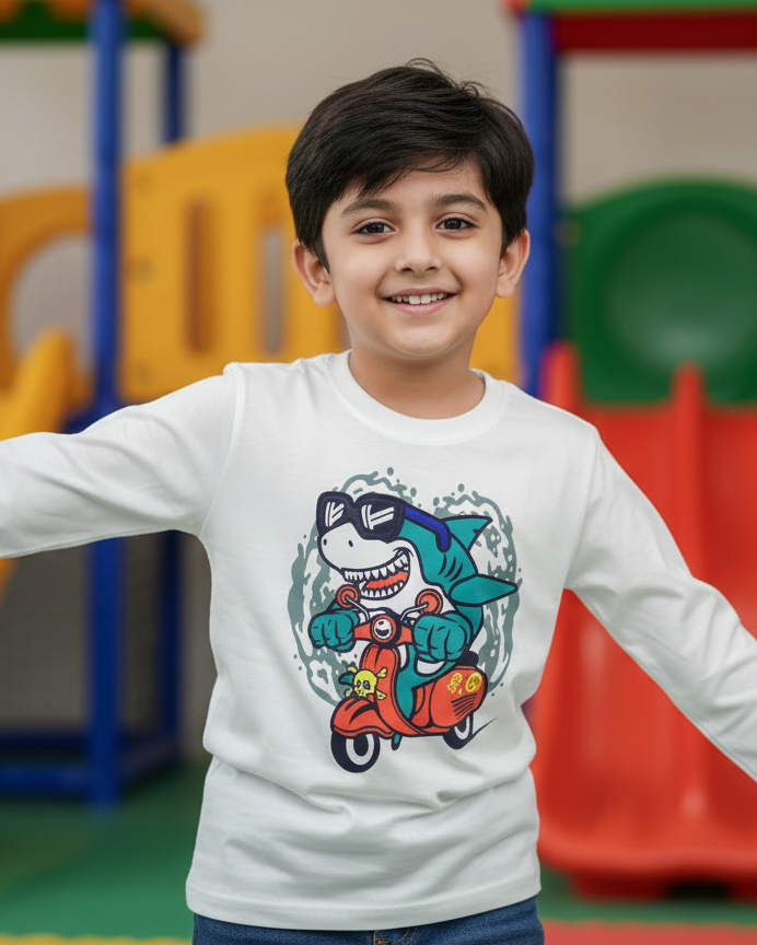 Boy wearing a white long-sleeve shirt with a colorful graphic design in an indoor playground.