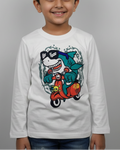 Boy wearing a white long-sleeve shirt with a colorful graphic design on a gray background