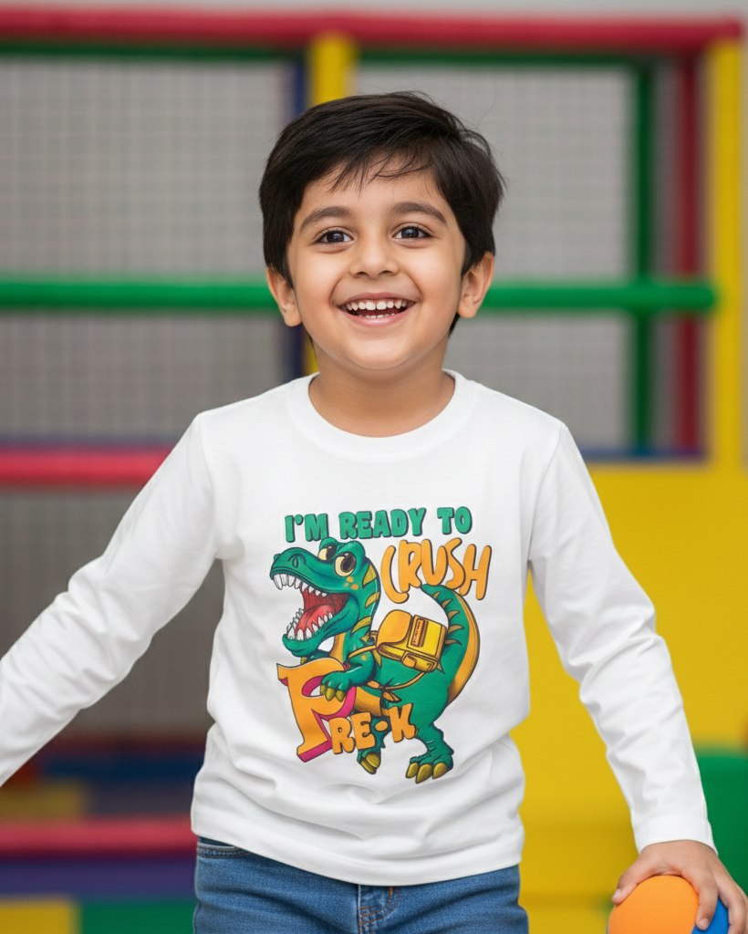 Boy wearing a white long-sleeve shirt with a dinosaur graphic and text in an indoor play area.