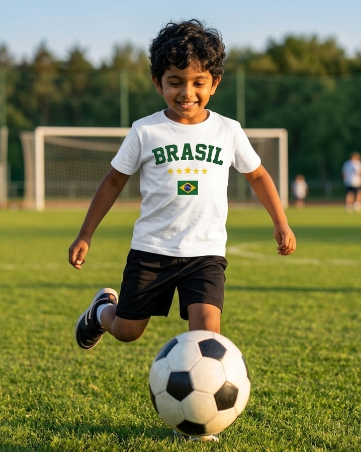 Child wearing a white  t-shirt with 'BRASIL' printed on it in a colourful outdoor playground.