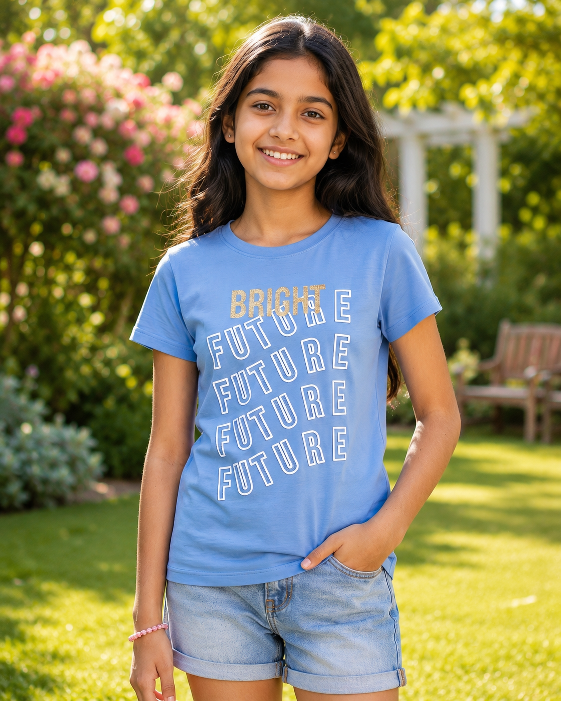 Girl wearing a Bright Blue colour Kids T-shirt with Bright Future Glitter print