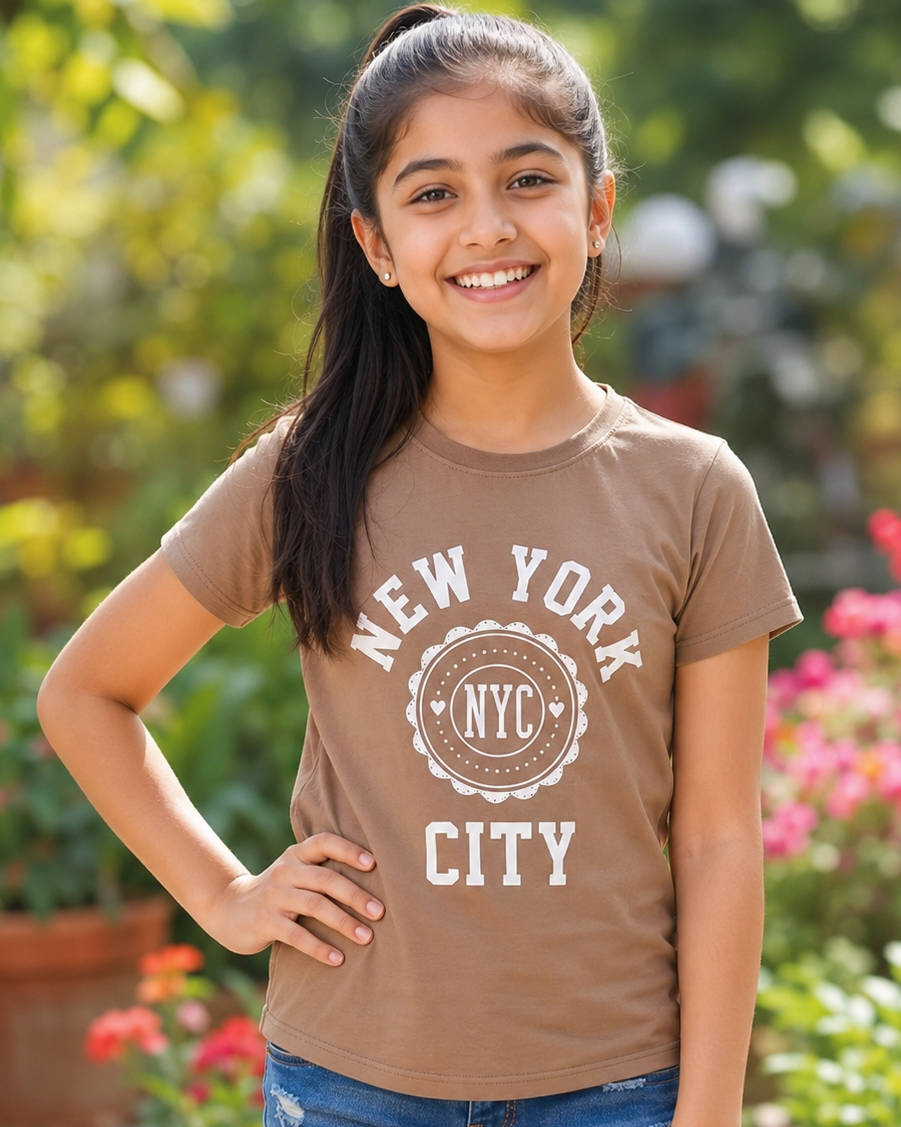 Girl wearing a Brown T-shirt with NYC print 