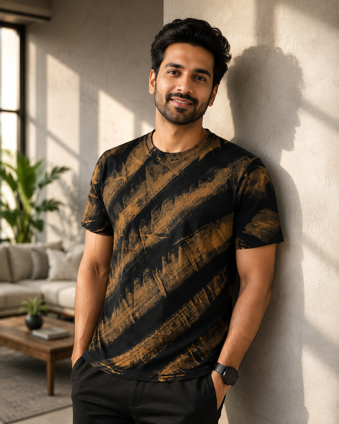 Men wearing Brushed Diagonal Stripes Bleached T -shirt