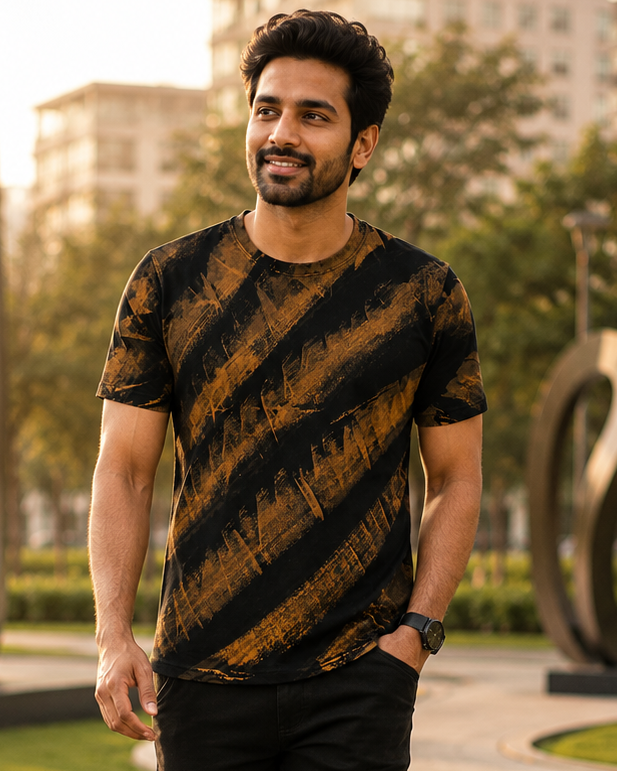 Man wearing Brushed Diagonal Stripes Bleached T -shirt Regular fit walking in residential area