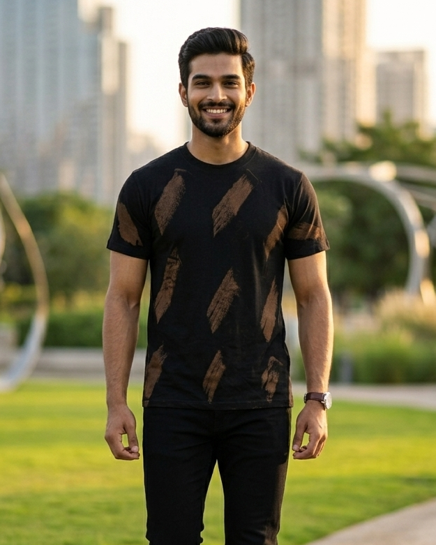 Man wearing a bleach Brushstroke effect Black Regular Fit Cotton  T-shirt 