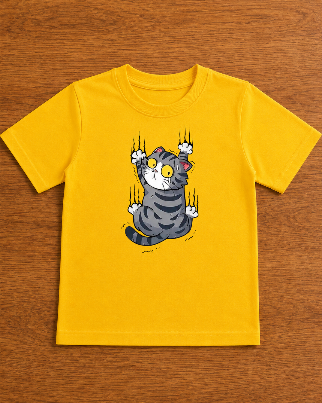 Cat print on yellow t shirt place on the wooden table