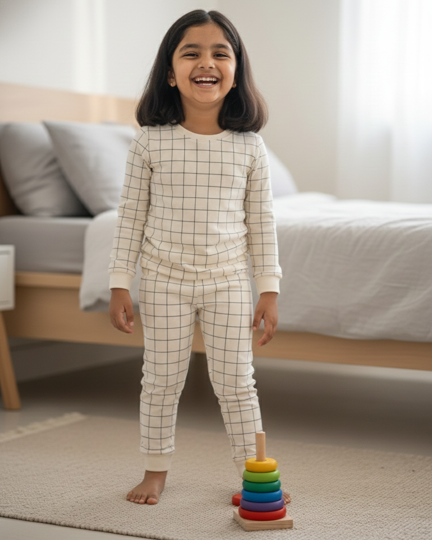 Child in a bedroom with a rainbow stacker toy