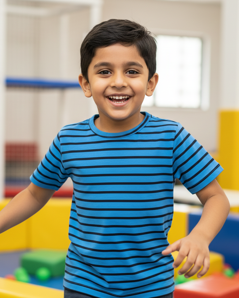 Child in a blue striped shirt smiling in an indoor play area