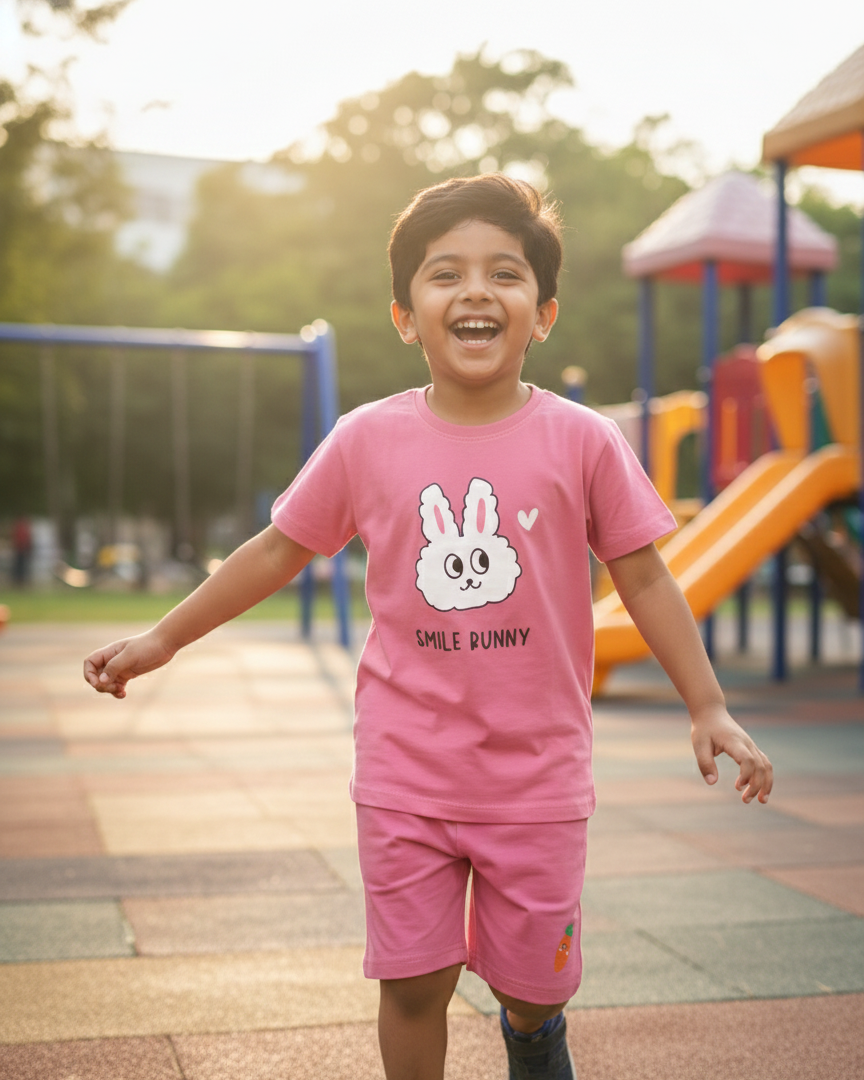 Child in a pink outfit with a bunny design on a playground