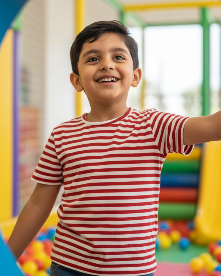 Child in a red and white striped shirt playing in a colorful playground.