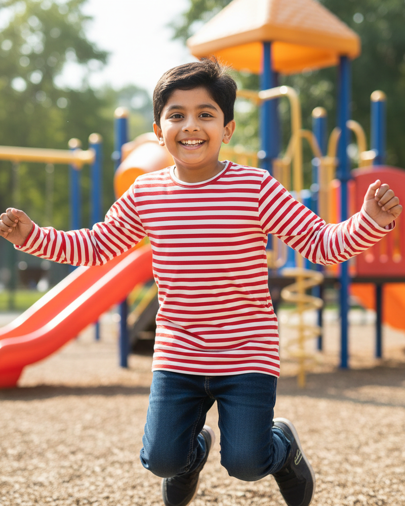 Child in a red and white striped shirt running on a playground