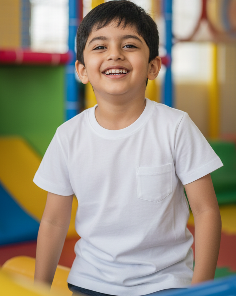 Child in a white shirt smiling in an indoor playground with colorful equipment.
