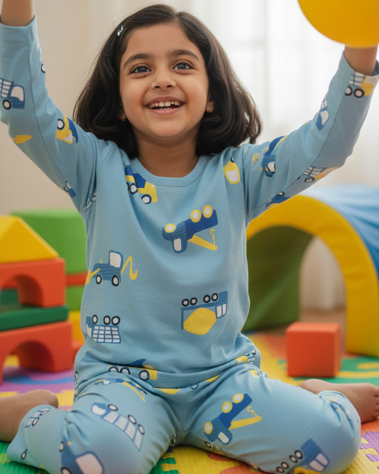 Child in blue pajamas with vehicle pattern playing with a yellow ball on a colorful play mat.