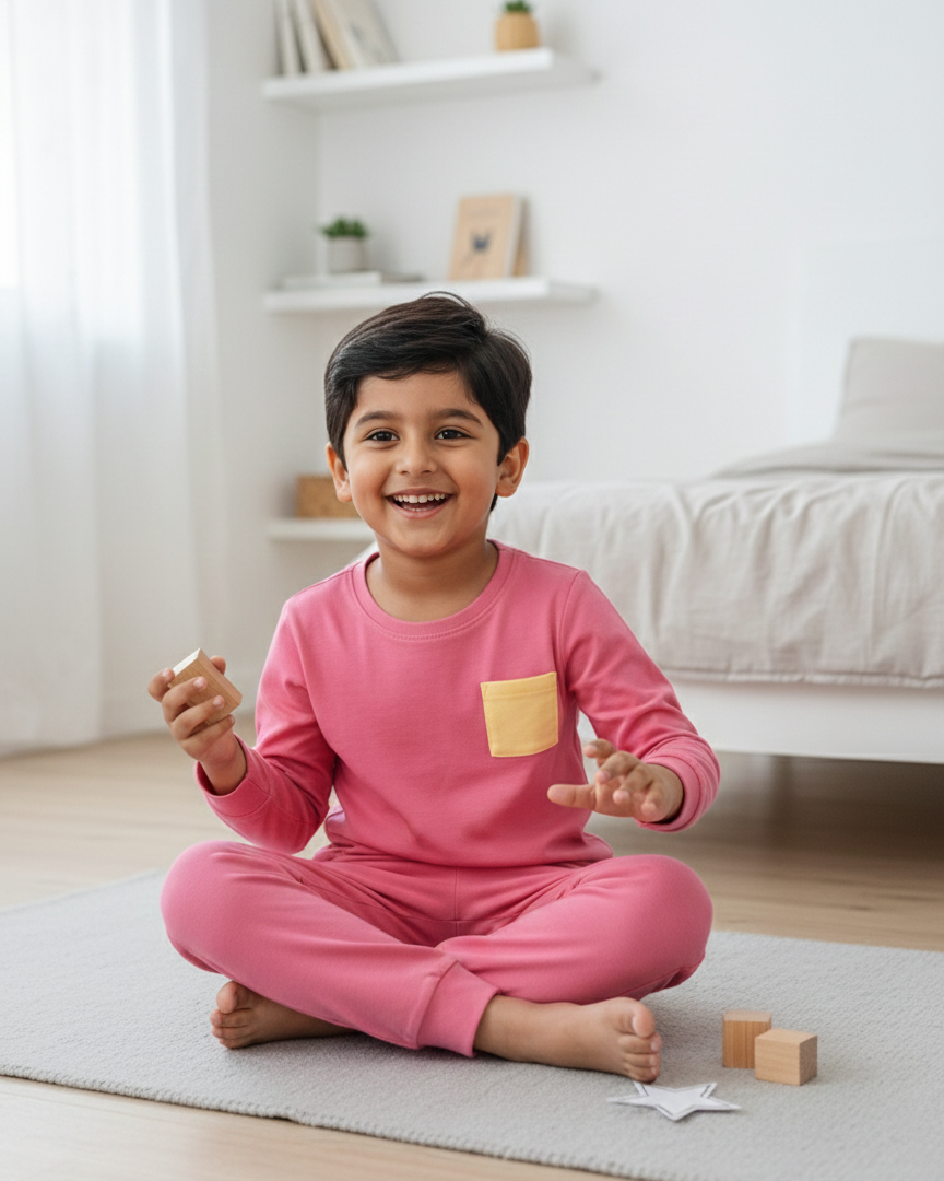 Child in pink pajamas sitting on a rug in a room with a white couch and shelves.