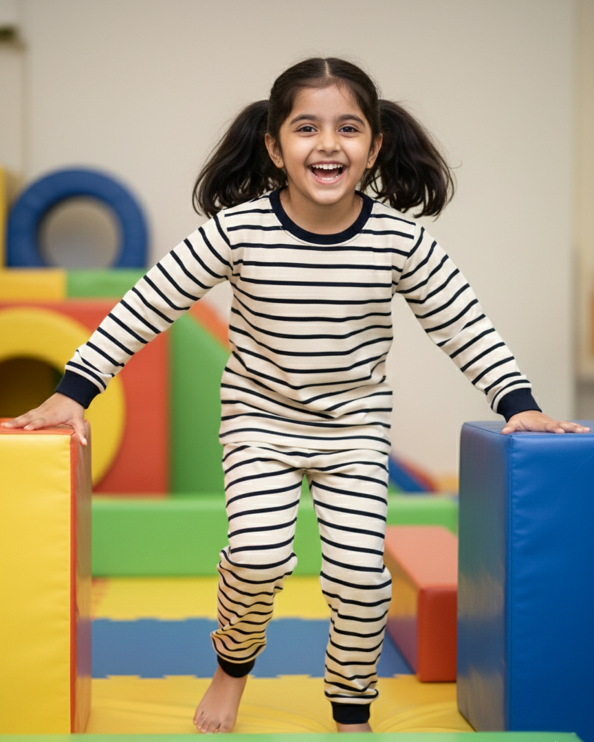 Child in striped pajamas standing on colorful foam blocks