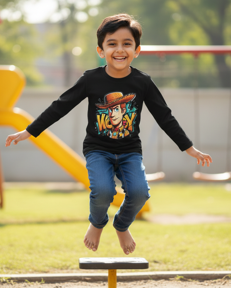 Child jumping on a playground balance beam with colorful playground equipment in the background