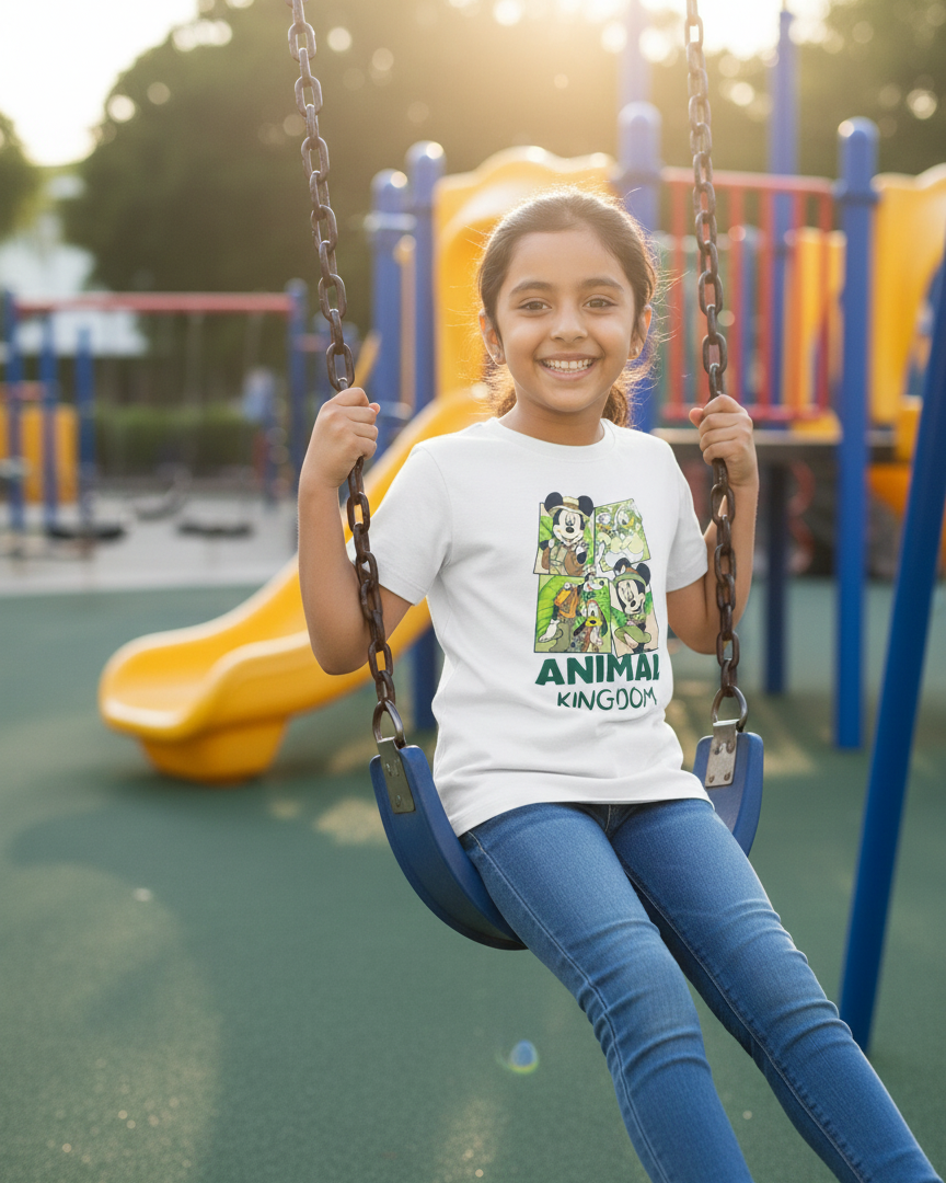 Child on a swing at a playground wearing a 'Disney Animal Kingdom' t-shirt.
