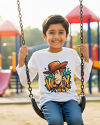 Child on a swing at a playground wearing a shirt with a cartoon character design.