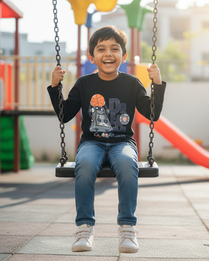 Child on a swing at a playground with colorful dream in the background.