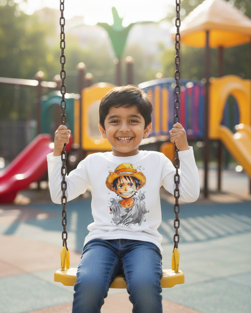 Child on a swing at a playground with colorful equipment in the background