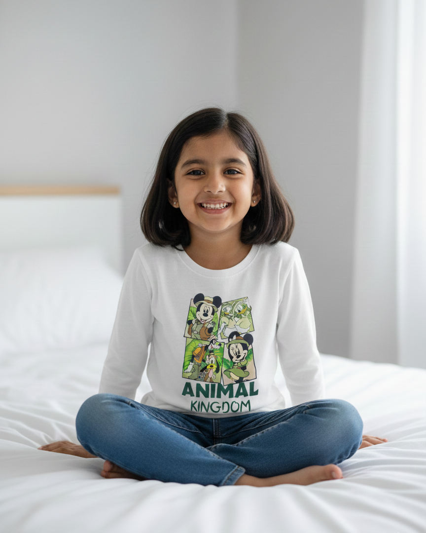 Child on a swing wearing a 'Disney Animal Kingdom' shirt in a minimalist bedroom background.