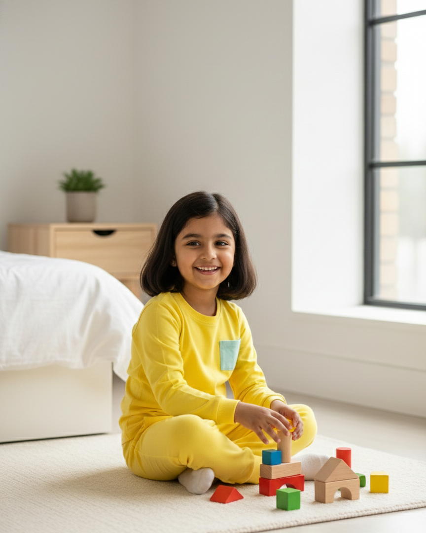 Child playing with building blocks in a bright room