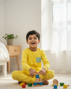 Child playing with colorful blocks in a bright room