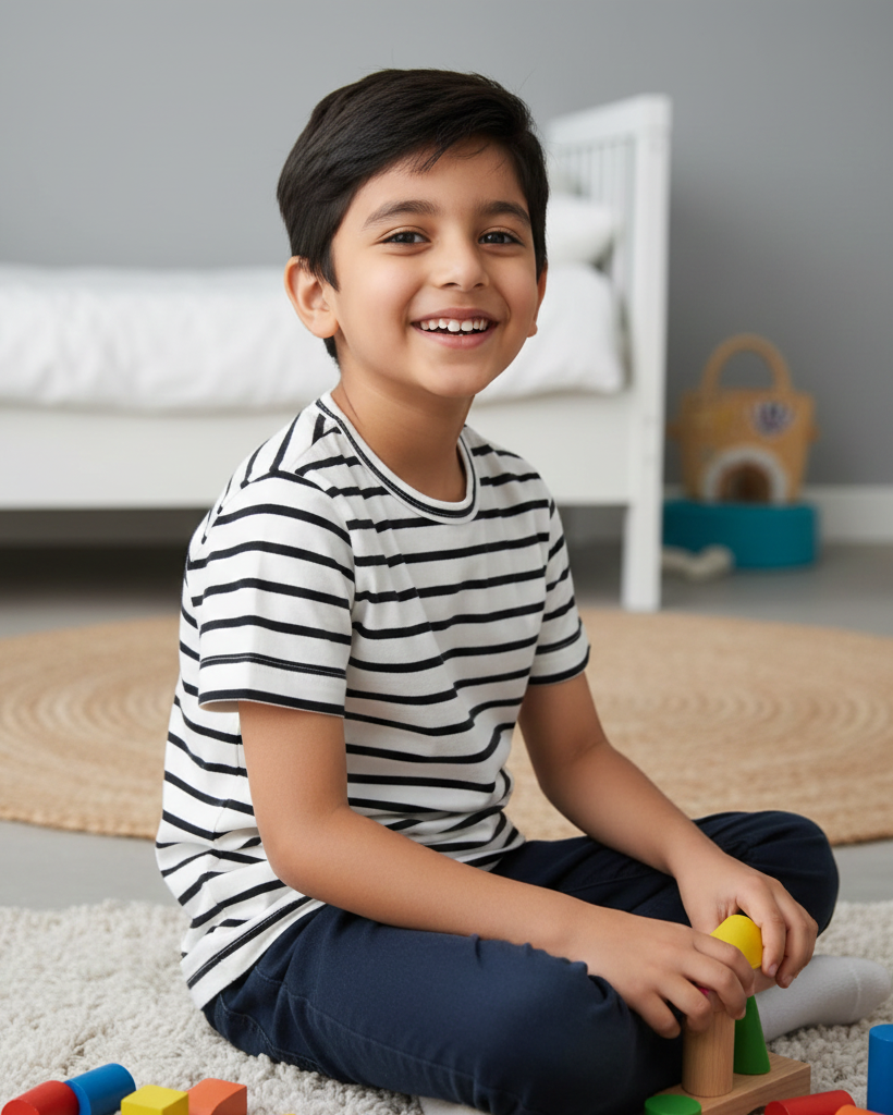 Child playing with colorful blocks on a carpeted floor in a room.