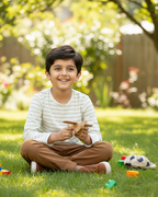 Child playing with toys in a garden on a sunny day