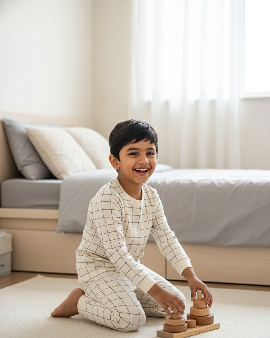 Child playing with wooden blocks in a cozy living room.