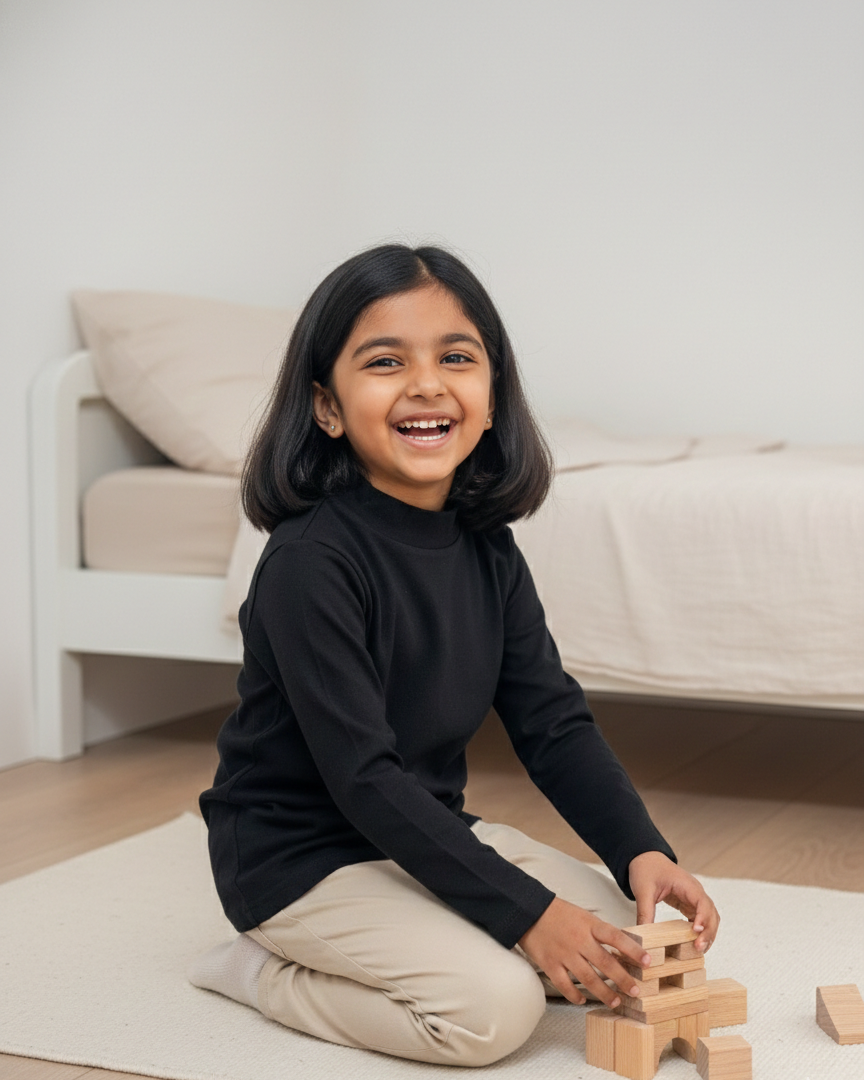 Child playing with wooden blocks on a rug in a living room.