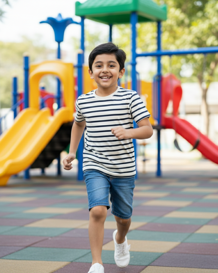 Child running on a playground with colorful equipment in the background.