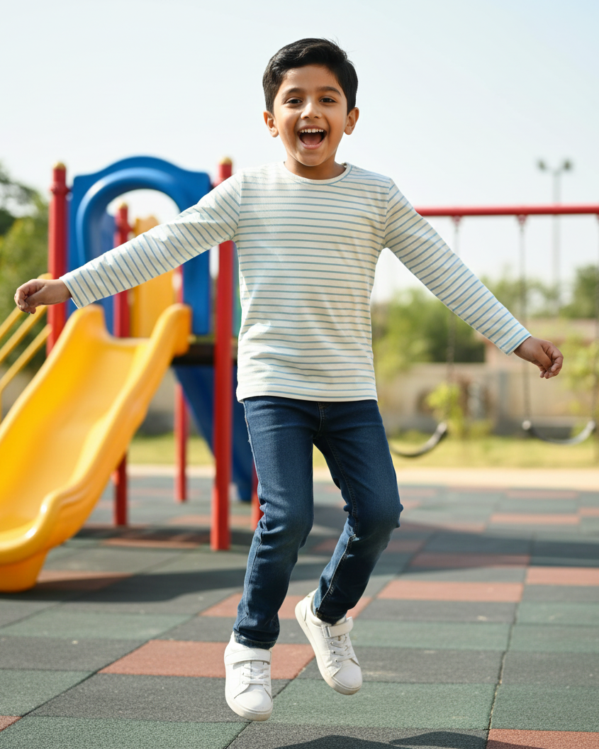 Child running on a playground with colorful equipment in the background