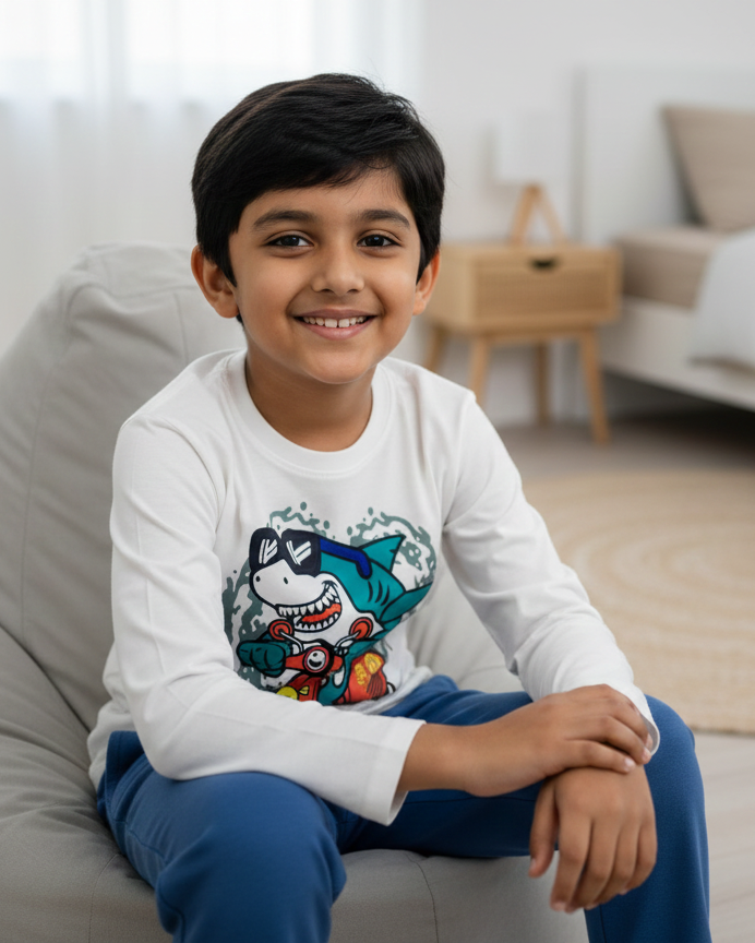 Child sitting on a bean bag chair in a modern bedroom