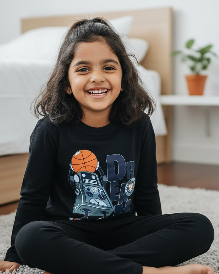 Child sitting on a carpeted floor wearing a black sweatshirt with graphics and text.
