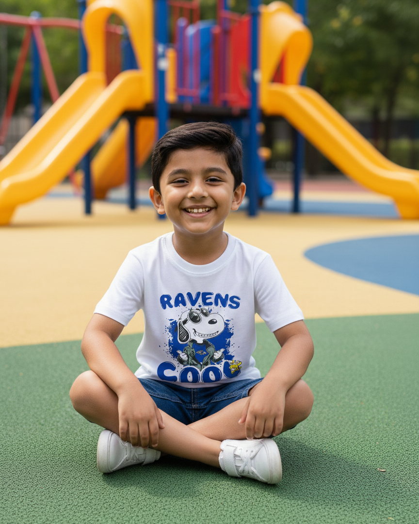 Child sitting on a playground with colorful slides and equipment in the background