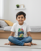 Child sitting on a rug in a room with a colorful t-shirt featuring a gaming controller design.