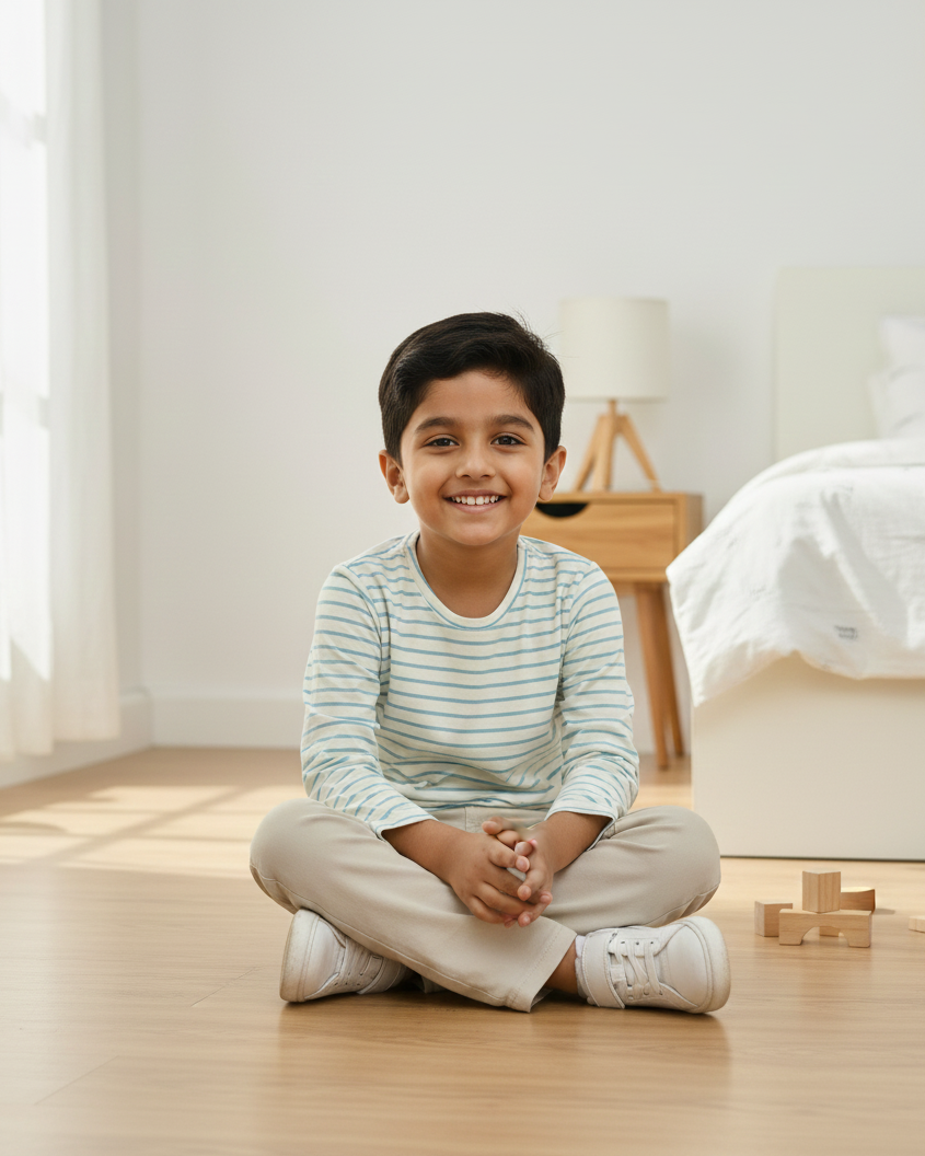 Child sitting on a wooden floor in a bright room with toys around